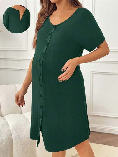 SHEIN Vestido de maternidad de unicolor con botones delanteros y manga corta para el parto