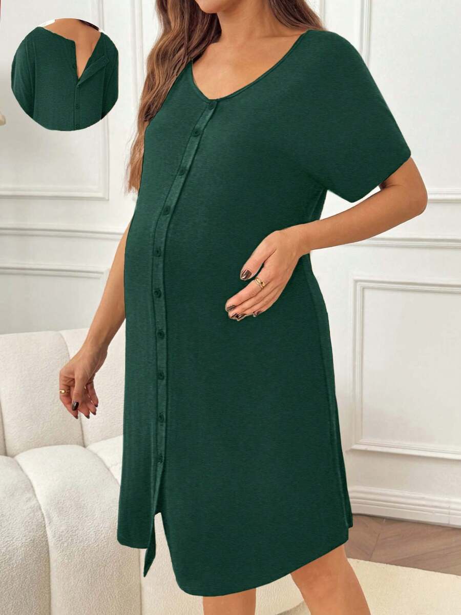 SHEIN Maternity Solid Color Front Button Short Sleeve Delivery Dress - Dark Green - View 1