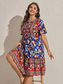 Comfylo Đầm tay ngắn cổ buộc dây, họa tiết hoa mùa xuân, cỡ lớn, thích hợp cho kỳ nghỉ, phong cách thường ngày. - Nhiều màu - Xem 6