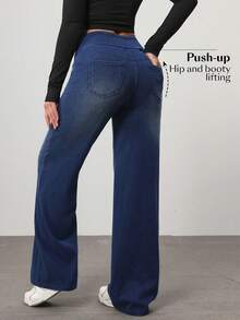 Flexra Petite Jeans de mezclilla casuales de unicolor para mujer - Azul lavado oscuro - Ver 2