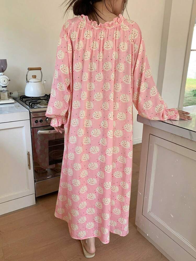 Dazy Plus Plus Size Round Neck Ruffle Hem All-Over Print Long Sleeve Loose Nightgown