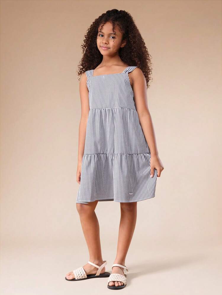 Sukienka letnia z kwadratowym dekoltem w kratkę Gingham, warstwowa
