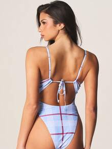 MISSGUIDED Plaid Check Pattern One Piece Swimsuit With Scoop Neckline And Spaghetti Straps Summer Beach Resort Swimwear - Blue - View 4