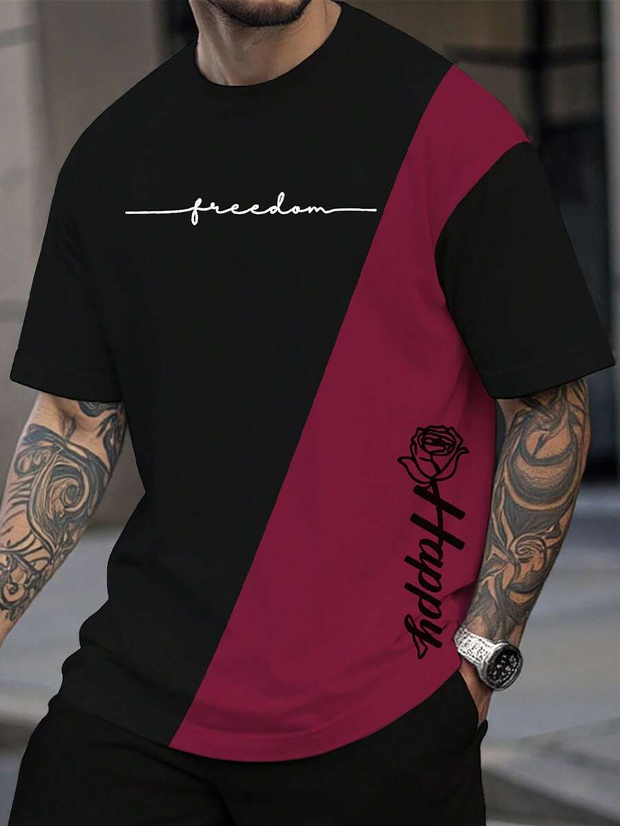 Manfinity LEGND Loose Fit Men's Letter & Rose Print T-Shirt - Hot Pink - View 1