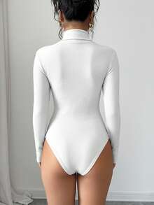 Elenzga Women's Turtleneck Patchwork Long Sleeve Bodysuit, Fitted, Contrast Color, Autumn/Winter - White - View 2