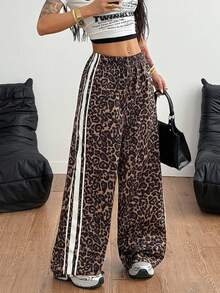 Coolane Summer Outfits Women's Plus Carnival Valentine Outfits For Women Casual Women Outfits Streetwear Leopard Print Wide Leg Elastic Waistband Pants,Straight Pants - Black - View 6