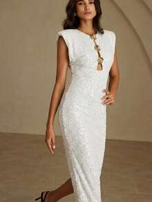 Revavyn Đầm dài sang trọng bằng nhung đính sequin, khóa kim loại rỗng ở eo và vai cách điệu dành cho nữ, thích hợp dự tiệc. - trắng - Xem 3