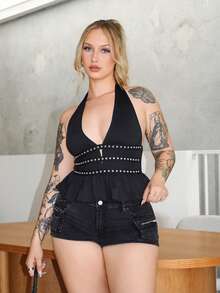 Arliah Dam Casual Minimalistisk Halter Halter Topp, Vardagskläder Konsert Dam Rave Festival Country Konsert Ibiza Nashville Westernkläder Dam Western Boho Streetwear Tropisk Gyaru Westernkläder Dam Western Gyaru Streetwear - Svart - Visa 4