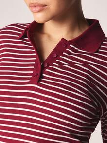MISSGUIDED 秋冬休闲装长袖罗纹针织条纹 Polo 领迷你连衣裙，正面纽扣设计 - 紅色 - 查看 2
