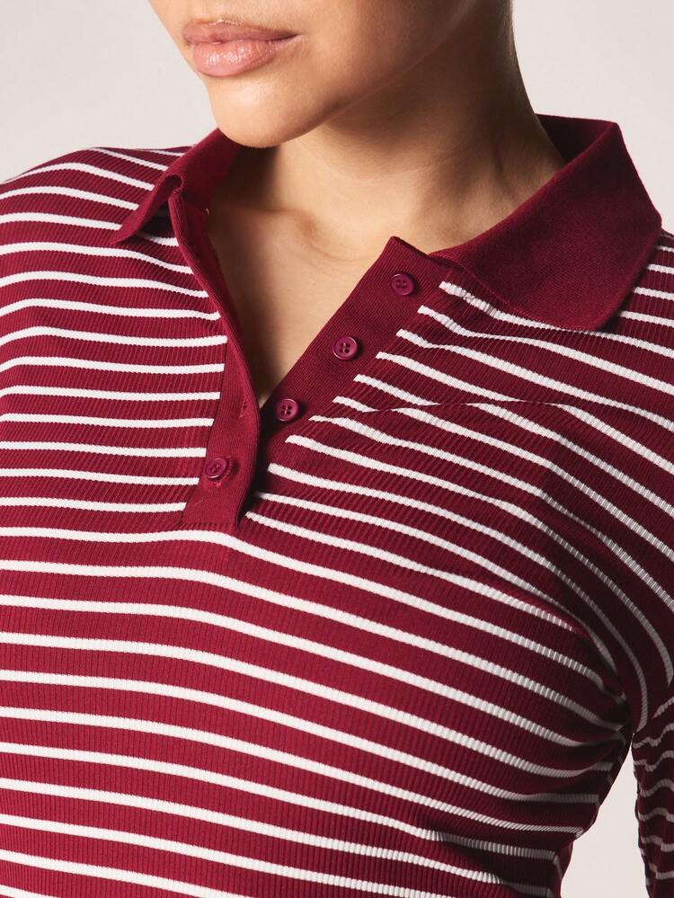 MISSGUIDED Sukienka mini z długim rękawem, prążkowaną dzianiną w paski, kołnierzykiem polo i ozdobnymi guzikami z przodu, idealna na co dzień jesienią i zimą