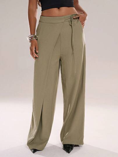 SHEIN Forever 21 Green Elastic Band Asymmetrical Tie Casual Loose Pants Summer Outfit For Women Spring Break Outfits Valentine's Day Fasching Women Costume Beach Outfits For Women Casual Outfit Formal