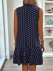 EMERY ROSE Polka Dot Tie Neck Ruffle Hem Smock Dress,Polka Dot Dress - Blue and White - View 2