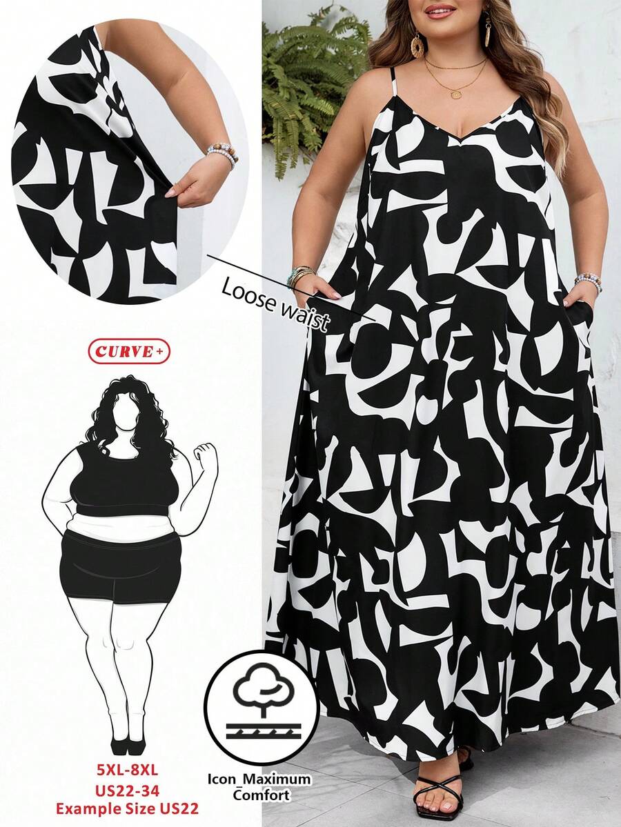 SHEIN CURVE+ Geometric Print, Long Slip Dress Suitable For Everyday Casual Wear Long Dress Summer Women - Black and White - View 1