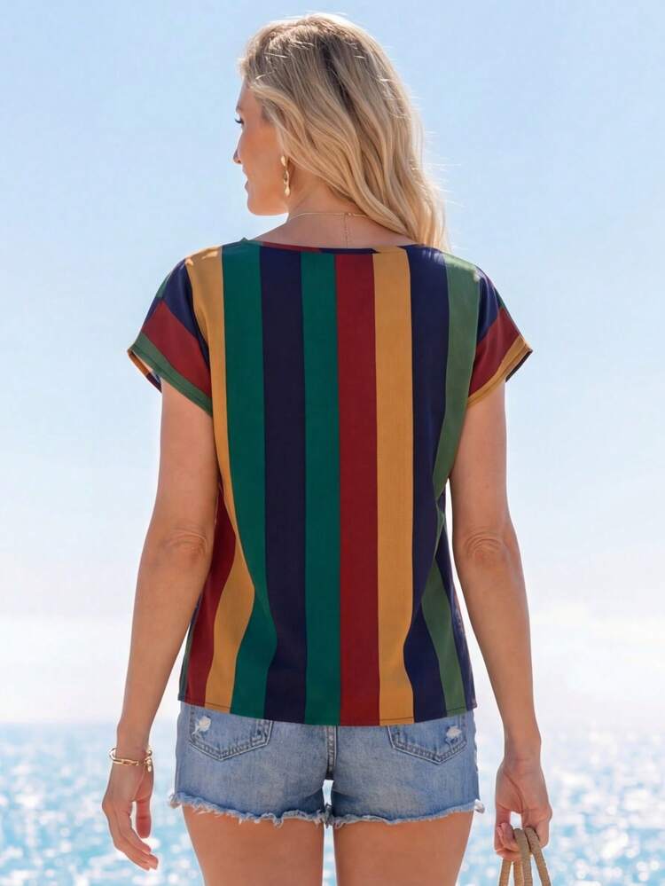 Summer Vacation Casual Colorblock Striped Shirt