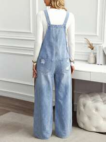 EMERY ROSE 大码女式破洞口袋阔腿宽松休闲牛仔连体裤 - 淺色水洗藍 - 查看 2