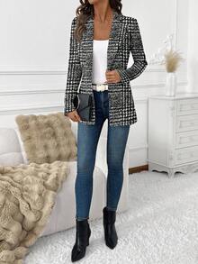 SHEIN Clasi 女士复古黑白格纹优雅西装外套，适合外出、婚礼、工作通勤、时尚、机场造型、派对、生日、嘉年华等场合。 - 彩色 - 查看 3