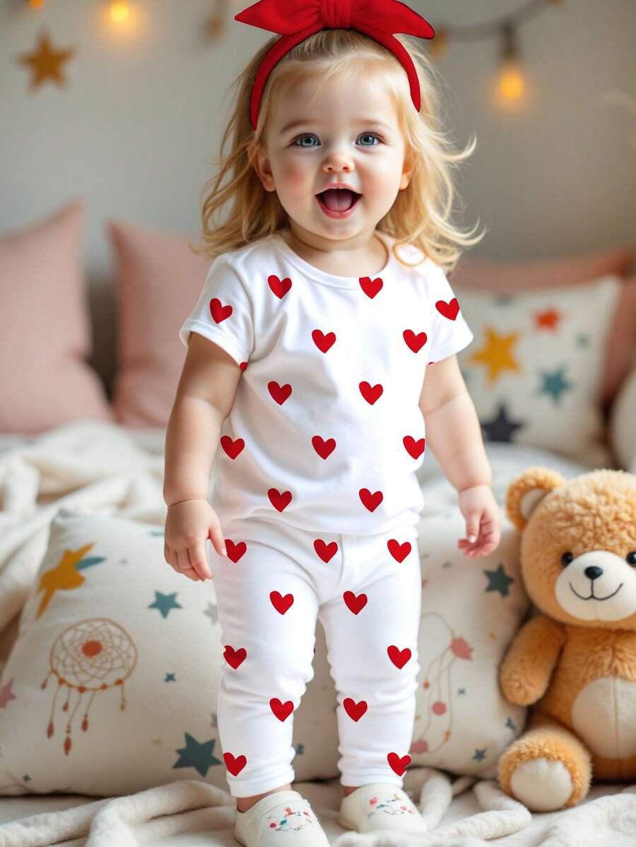 SHEIN Conjunto de pijama infantil feminino com estampa de corações e bolinhas, modelagem justa, gola redonda e calça de manga curta. Ideal para o verão e o outono. Estilo delicado e moderno, perfeito para o dia a dia. Conjunto de duas peças, confortável e aconchegante, ideal para a primavera e o verão. Perfeito para o Dia dos Namorados. - Multicolorido - Ver 1