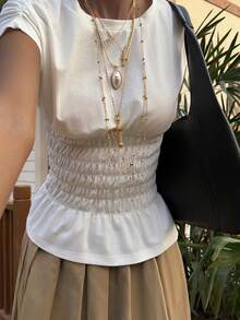 DAZY White Round Neck Short Sleeve Cotton Waist Fitted Women T-Shirt, Summer - White - View 5