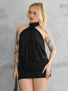 Arliah High Neck Backless Ruffle Mini Bodycon Dress - Black - View 6