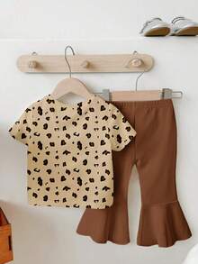 一套女婴可爱兔耳豹纹圆领短袖T恤和棕色针织打底裤套装 - 彩色 - 查看 2