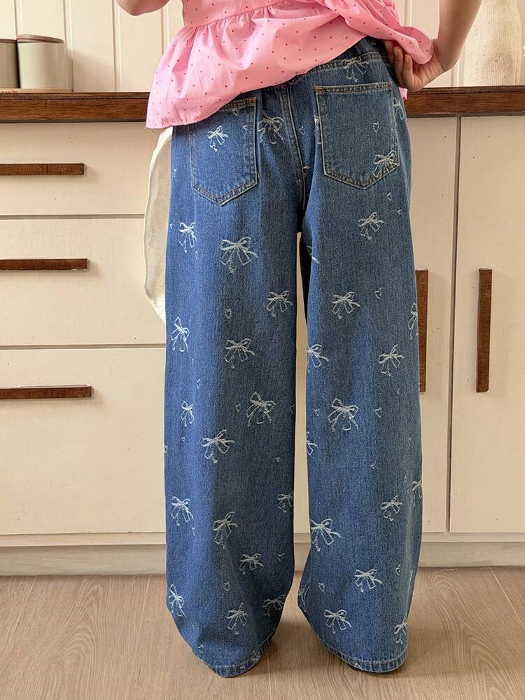 Tween Girls' Pocketed Button Bow Print Casual Versatile Daily Wear Wide Leg Jeans