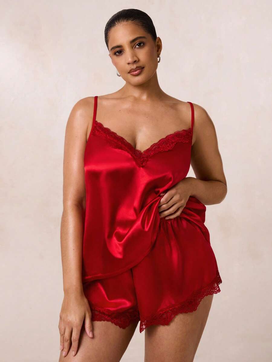 SHEIN BAE Plus Lace Trim Satin Cami Top & Shorts PJ Set / Pajama Set - Red - View 1