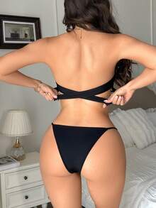 2件套无肩带镂空法式内衣套装 - 黑色 - 查看 4