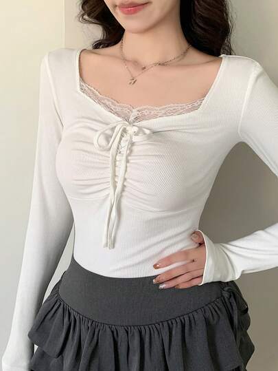 FRIFUL 女士纯色蕾丝扭结设计褶皱休闲百搭通勤长袖T恤