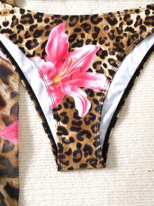 SHEIN 少女彩色豹纹和花卉印花撞色系带三件套比基尼，沙滩度假 - 棕色 - 查看 6