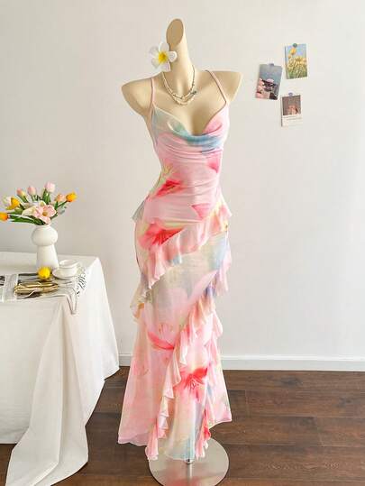 Soleia Women's Colorful Vintage Floral Print Ruffled Draped Neck Layered Dress, Suitable For Vacation