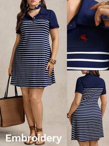 Zelara Plus Size Embroidered Casual Striped Polo Collar Dress Elegant - Blue and White - View 2