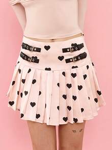 OverBlushhh 女士粉色高腰百褶迷你裙，缎面爱心印花，仿皮带扣细节，可爱性感，适合日常穿着、派对、生日、情人节等场合。 - 粉色 - 查看 2