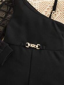 SHEIN Babygirl Cute Street Style Black Plaid Mesh Patchwork Romper - Black - View 4