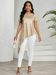 SHEIN Lady 女士金属质感圆领短袖不对称下摆休闲衬衫 - 金色 - 查看 6