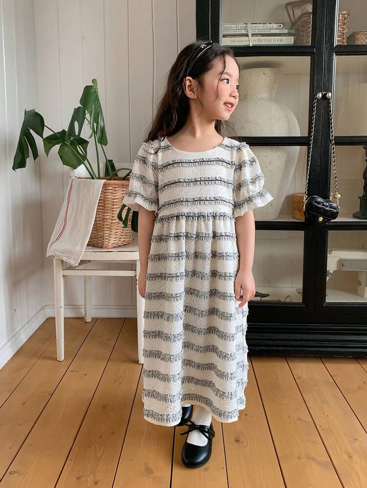 Young Girl Striped Multi-Layer Frill Trim Round Neck Short Puff Sleeve Cute Dress