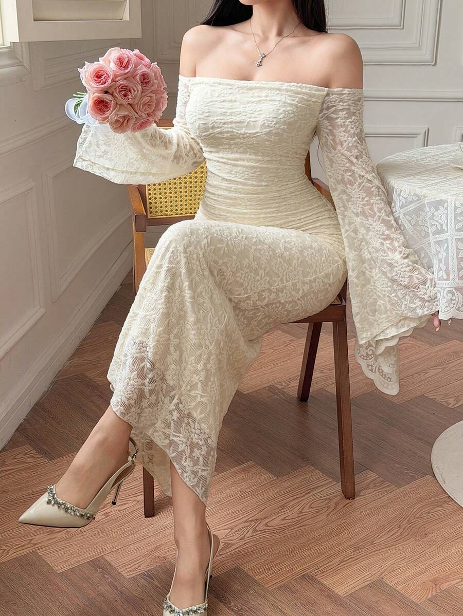 DAZY Women's Elegant Lace Off-Shoulder Long Dress, Spring/Summer Wedding Guest Dress Sundress - Beige - View 1