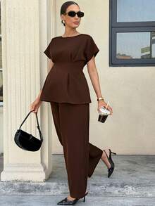 MaterniWear 2件套孕妇优雅通勤纯色束腰上衣和裤子套装，夏季 - 酒紅色 - 查看 4