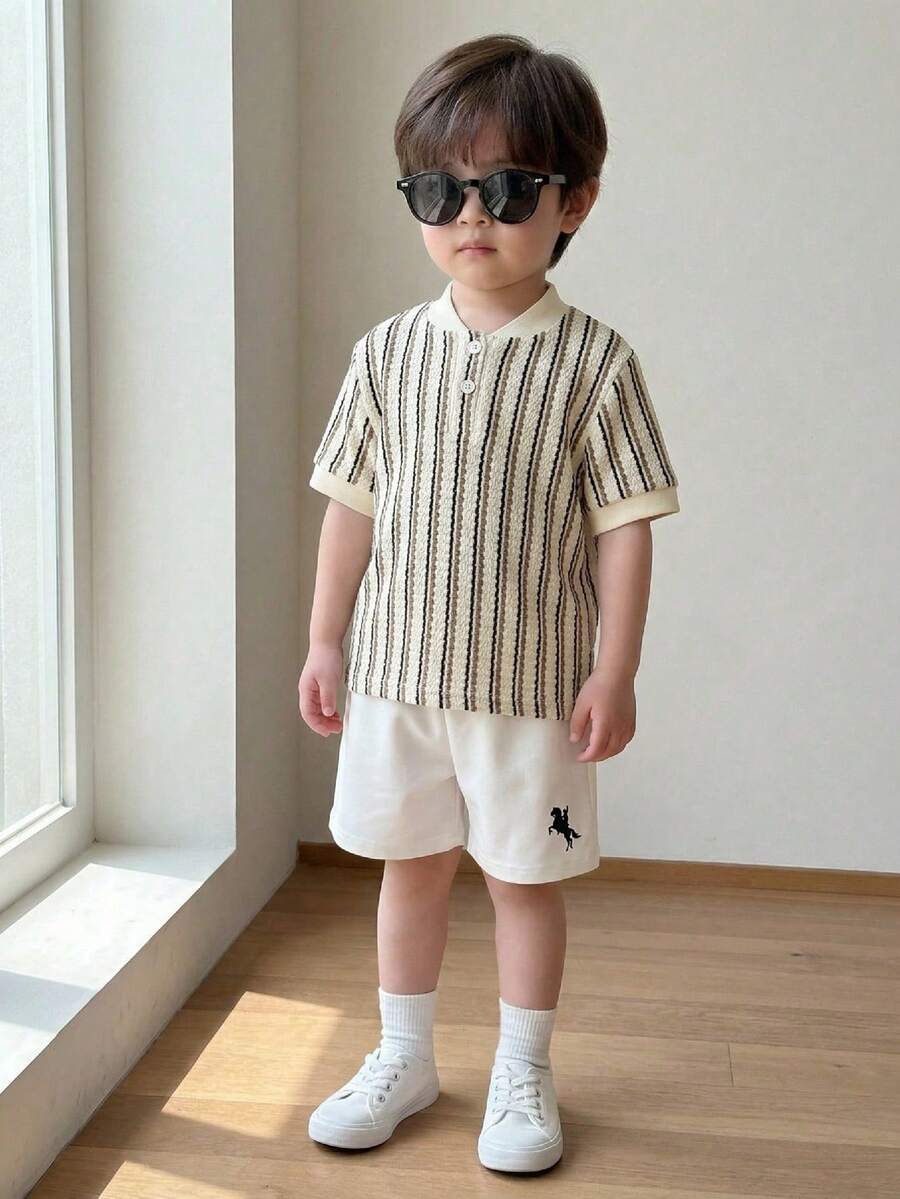 2 pezzi/set Completo casual per ragazzo giovane composto da polo a maniche corte a righe color albicocca e pantaloncini bianchi, adatto per feste di compleanno, rave, feste serali, performance, matrimoni - Multicolore - Visualizzare 1