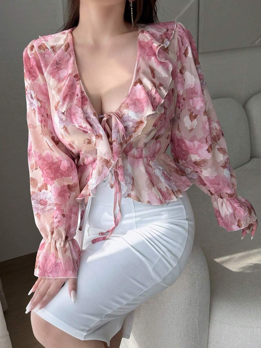 Vibekara Blusa de chifón de manga larga con estampado floral diminuto francés, camisa holgada con cuello en V con volantes, primavera/verano - Rosa - Ver 1