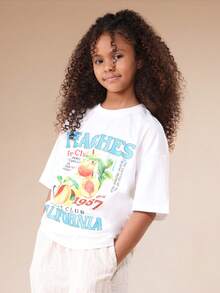 SUMWON Tween Girls Peaches Fruit Club California Graphic Printed T-Shirt Set With Wide Leg Pants Summer Casual Outfit - White - View 3