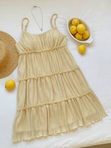 Comfortcana Đầm ngắn hai dây màu trơn dáng casual dành cho nữ, thích hợp cho kỳ nghỉ hè. - Màu vàng - Xem 8