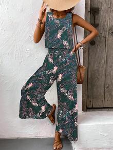 EMERY ROSE Bộ đồ 2 mảnh phong cách Bohemian cổ điển gồm áo crop top cổ tròn và quần ống rộng, trang phục thường ngày cho kỳ nghỉ biển. - Nhiều màu - Xem 4
