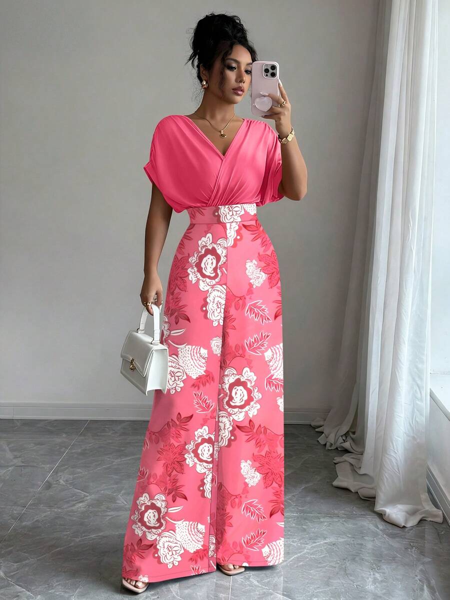 Elenzga Bộ jumpsuit dài in họa tiết, cổ chữ V, dáng rộng, xếp ly, eo, dành cho nữ. - Hồng - Xem 1