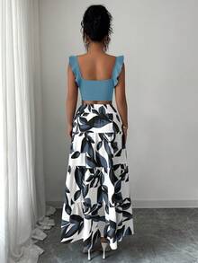 Elenzga Women's Ruffle Strap Backless Crop Top And Printed Flared Skirt 2-Piece Set - Baby Blue - View 2