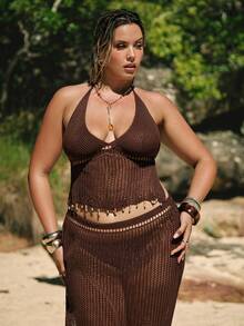 SHEIN BAE 大码纯色镂空休闲露背针织罩衫 - 棕色 - 查看 3