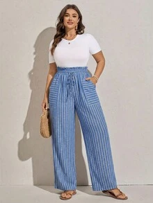 Zelara Plus Size Women's Valentine Striped Print Summer High Waist Loose Casual Pants With Pockets, Suitable For Fall And Autumn - Multicolor - View 10