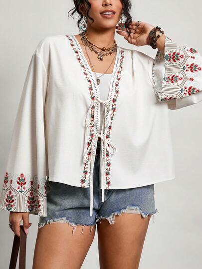 Comfylo Plus Size Women'S Fashion Drop Shoulder Printed Tie Front Long Sleeve Shirt Summer Tops Clothes Party Top Shopping, Lunch With Friends, Or Everyday Wear. Elegant Women'S Top, Summer Holiday Outfits,Elegant Women'S Blouses,Party Top,Party Outfit,Bridesmaid Dress,Elegant Tops For Party,Summer Outfits For Women,Summer Tops,Mother'S Day Top, Mother'S Day Outfit, Music Festival Attire Perfect For Work.Elegant Daily Party Event