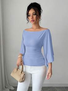 Selianne Áo thun nữ cổ tròn tay nhún, dáng ôm, màu trơn, thích hợp cho mùa xuân/hè/thu. - Màu xanh nhạt - Xem 6