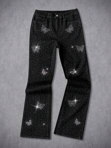 Manfinity EMRG Men's Casual Rhinestone Butterfly Pattern Flared Denim Pants - Black - View 8