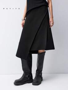 SHEIN LYSMO Petite 女士纯色不对称下摆休闲时尚半身裙 - 黑色 - 查看 5